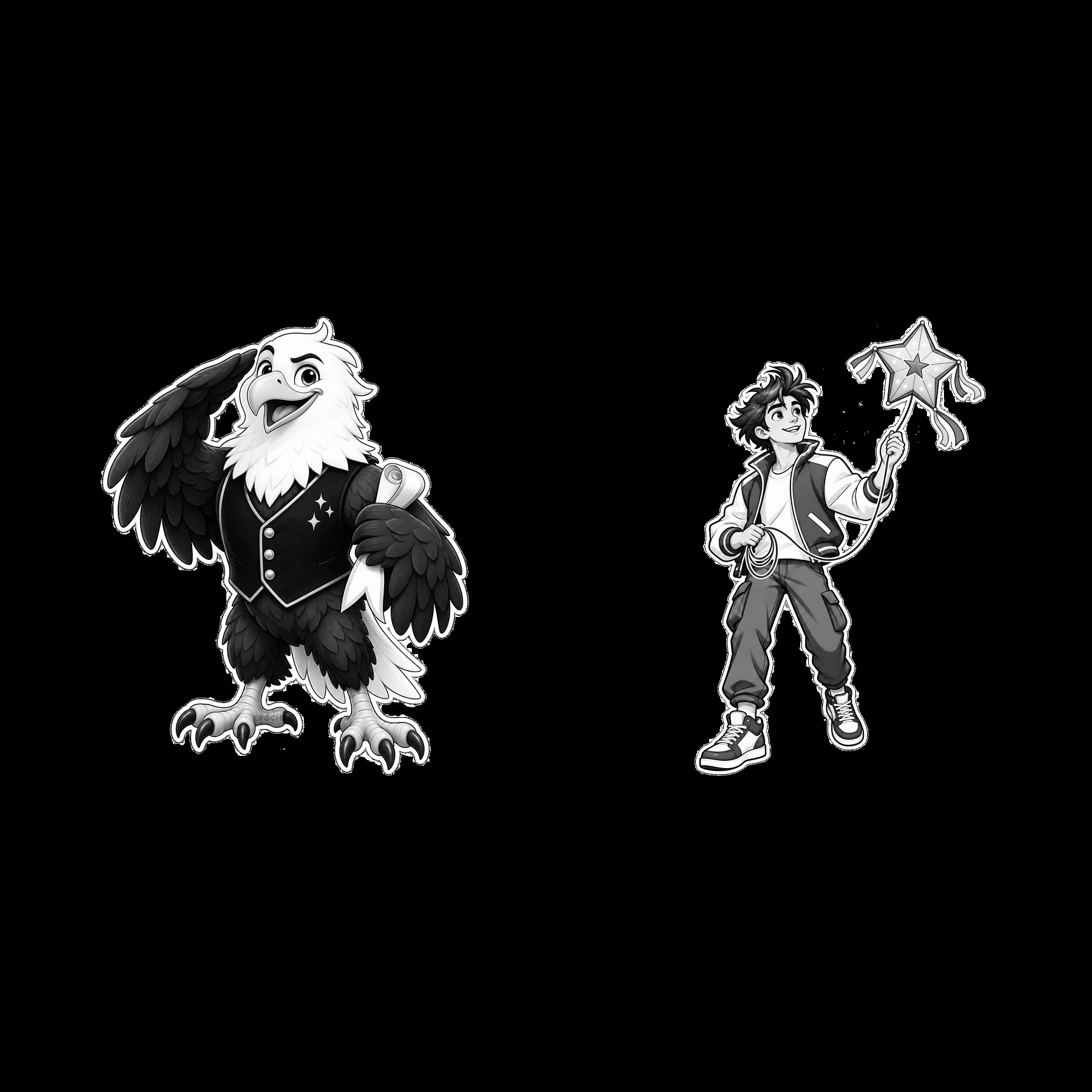 Eagle character and boy holding a star wand in black and white - AI-generated stock image