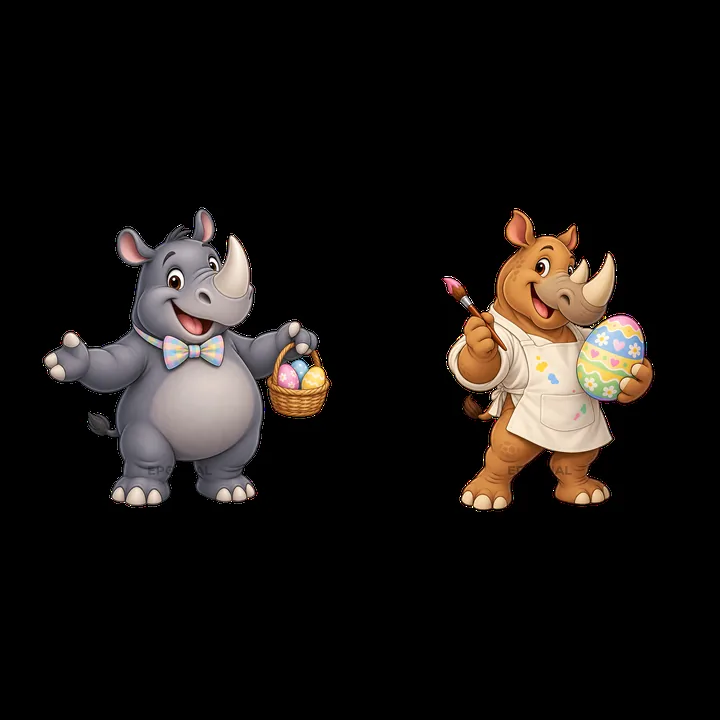 Easter rhinoceroses holding decorated eggs and painting - AI-generated stock image