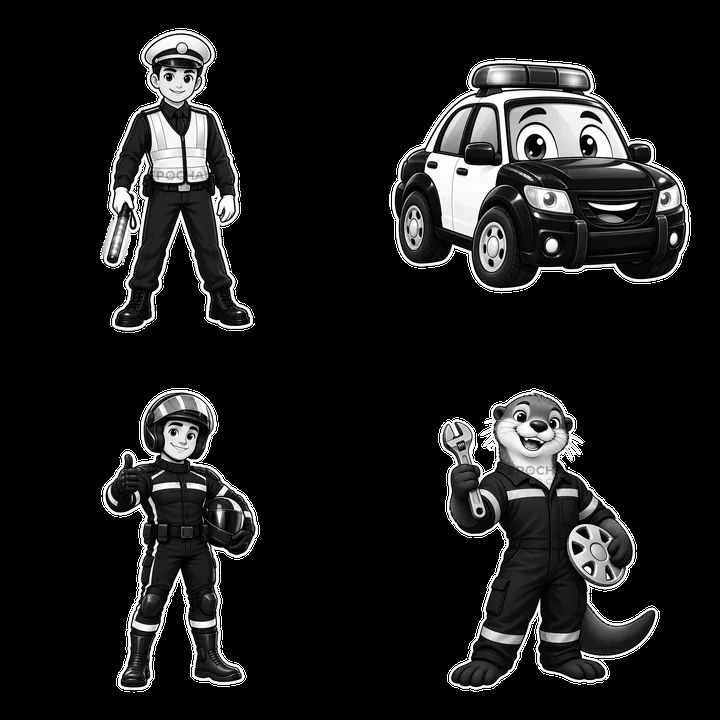 Police characters and car in black-and-white cartoon design - AI-generated stock image