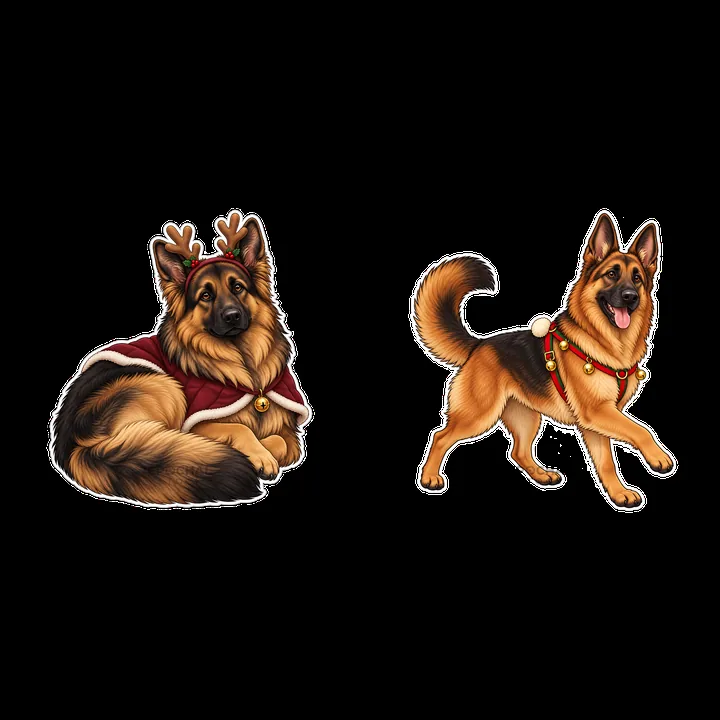 Christmas German Shepherd duo with festive accessories - AI-generated stock image