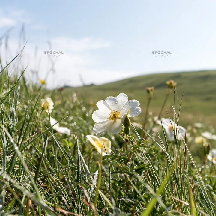 Sunny chalk meadow with blooming flowers and bright blue sky - AI-generated stock image