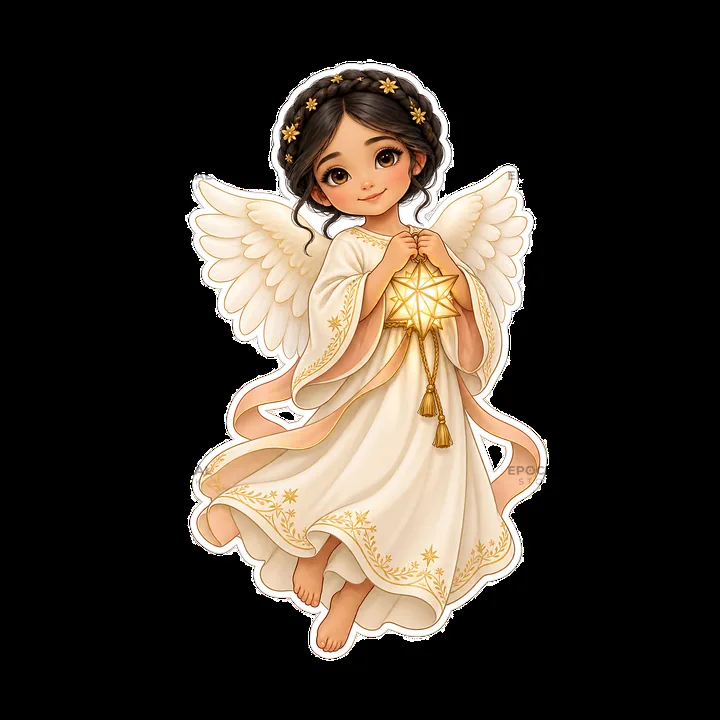 Christ Child with star in white gown and angel wings - AI-generated stock image