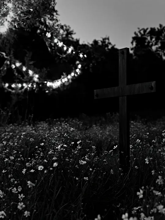 Christian cross in yellow wildflower meadow at dusk - AI-generated stock image