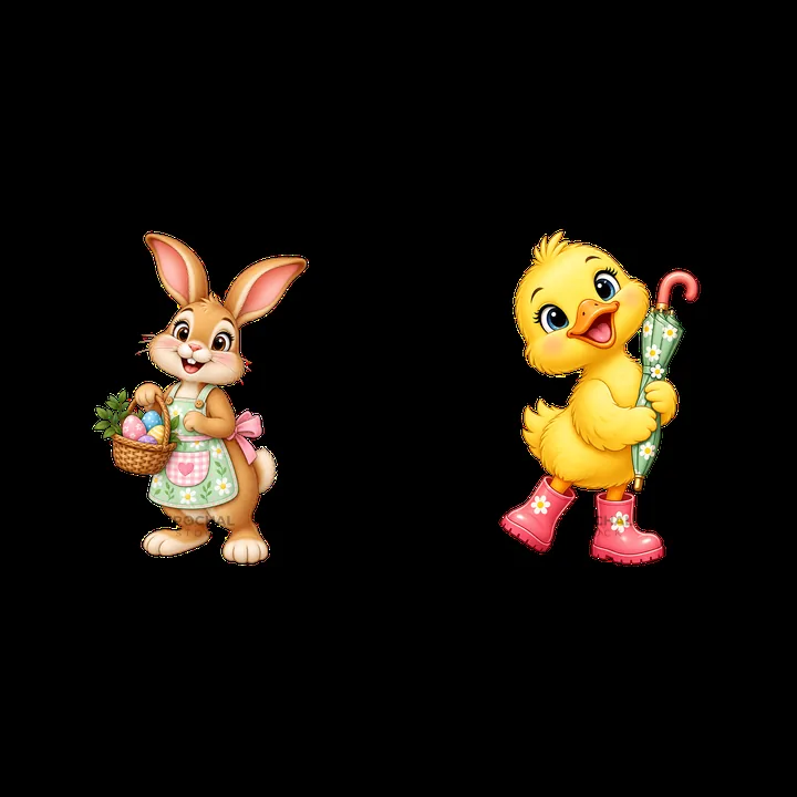 Easter bunny with basket and chick holding umbrella sticker pair - AI-generated stock image