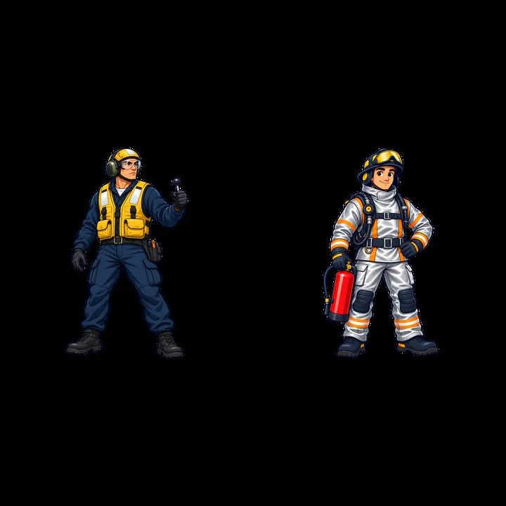 Cartoon characters of aircraft carrier crew and firefighter - AI-generated stock image