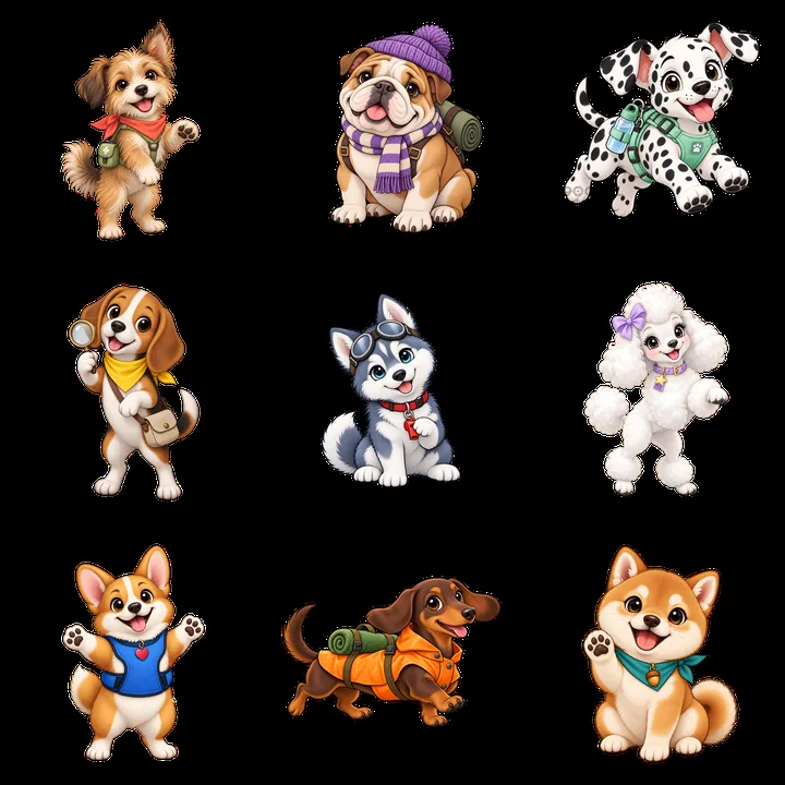 Cute cartoon K-9 dogs in a playful 3x3 grid layout - AI-generated stock image