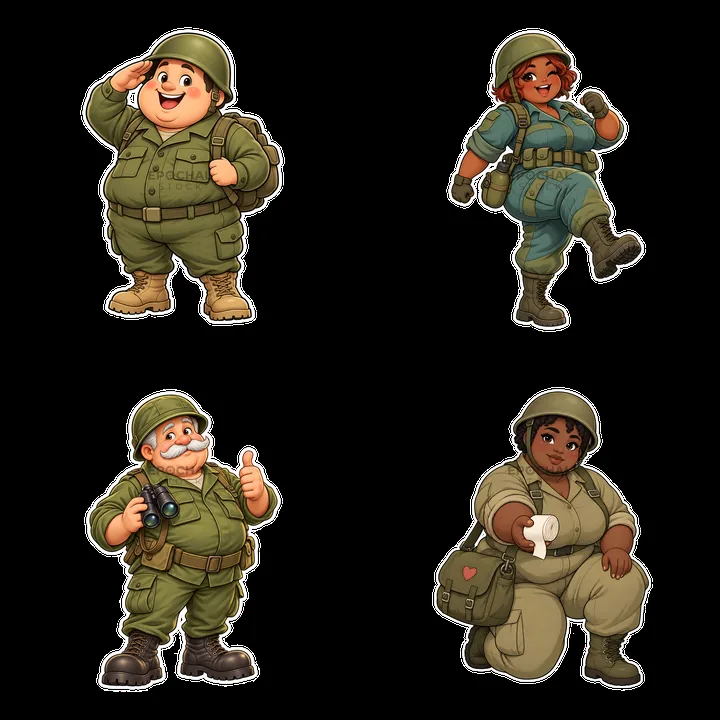 Cute ultra-chubby soldier cartoon sticker collection in 2x2 layout - AI-generated stock image