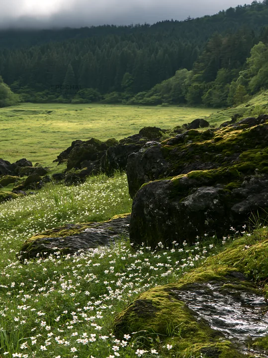 Miyagi spring recovery meadow mossy stone with flowers - AI-generated stock image