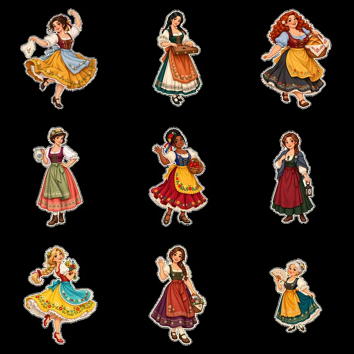 Women in folk dress engaging in various activities in a grid layout - AI-generated stock image