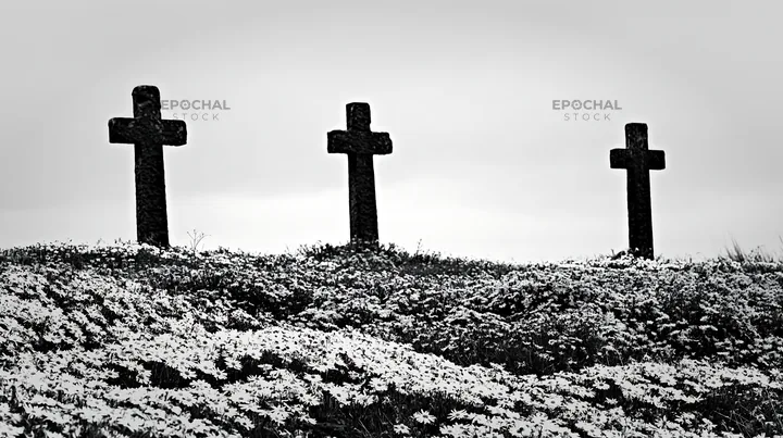 Multiple Christian crosses in Christmas meadow - AI-generated stock image