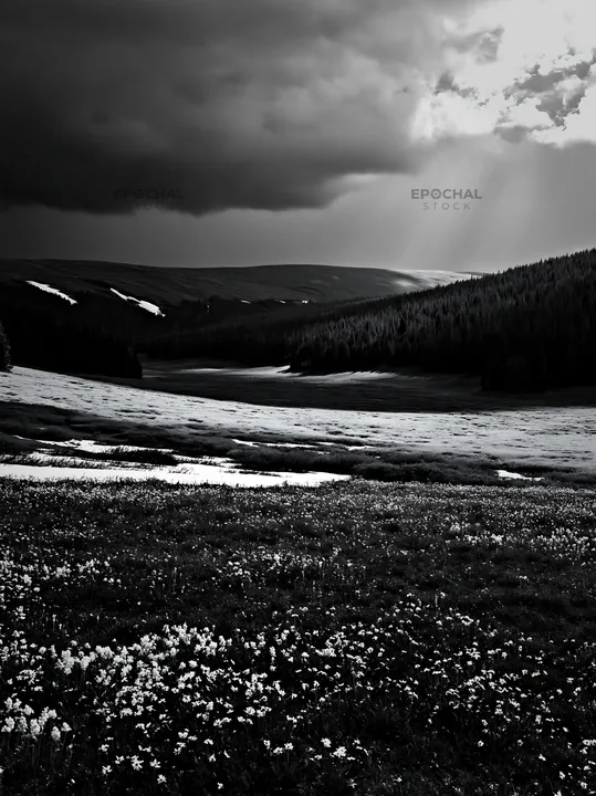 Snowy Rocky Mountain Park meadow under dark clouds - AI-generated stock image