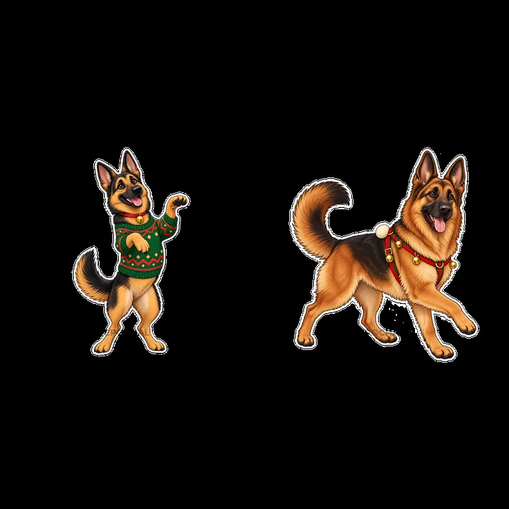 Christmas German Shepherd cartoon dog stickers in festive outfits - AI-generated stock image