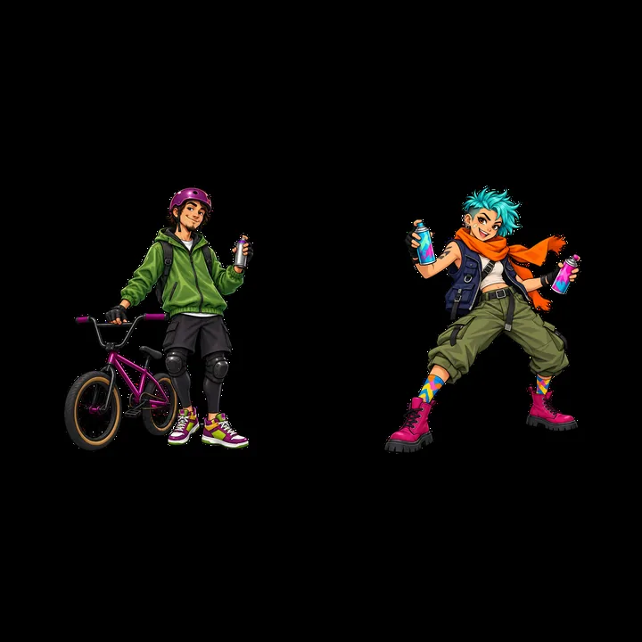 Cool graffiti sprayer characters with bike and spray cans - AI-generated stock image