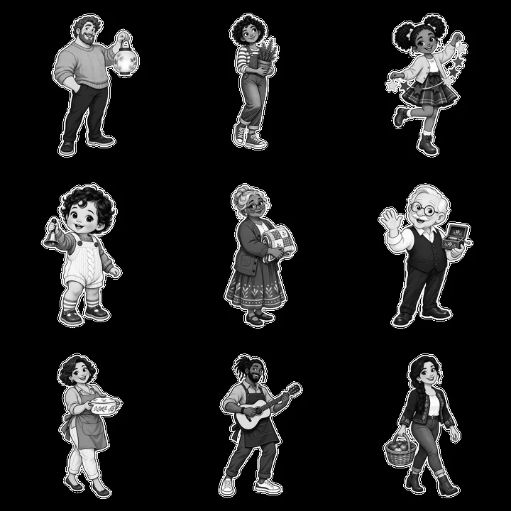 Family members engaging in various activities in black and white - AI-generated stock image