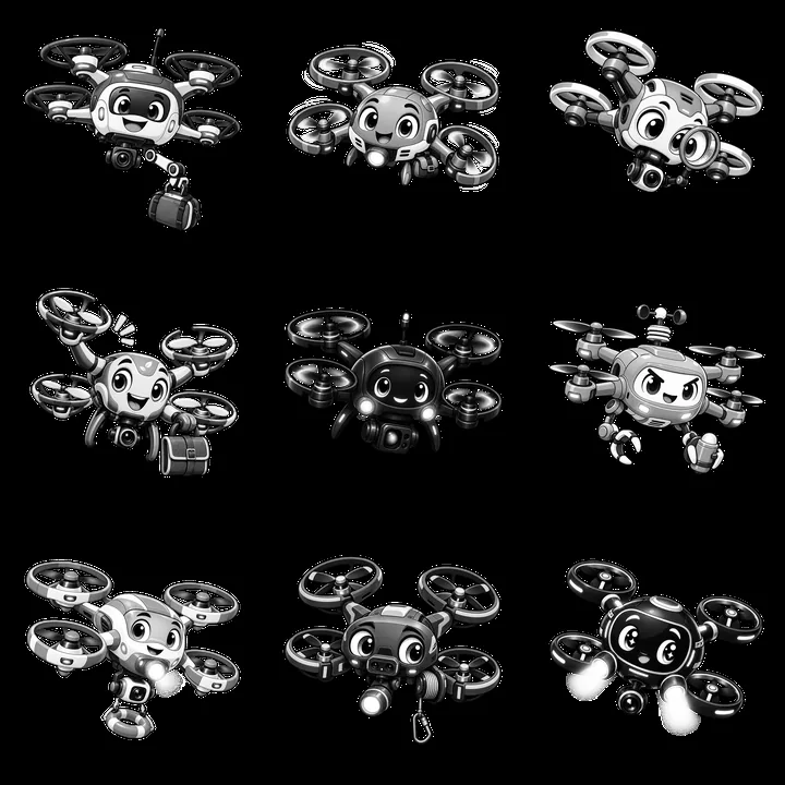 Cartoon drones with cameras in a 3x3 grid layout - AI-generated stock image