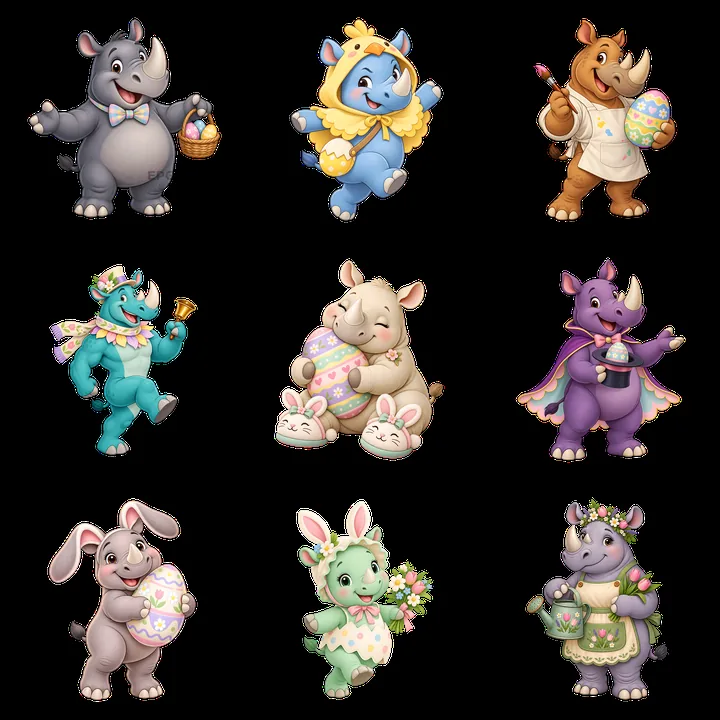 Easter-themed cartoon characters with rhinos and animals celebrating - AI-generated stock image