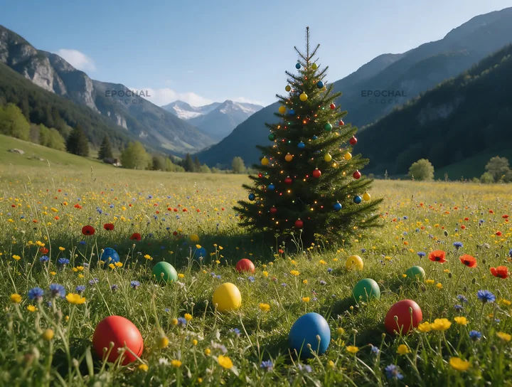 Christmas tree in mountain valley meadow with colorful ornaments - AI-generated stock image