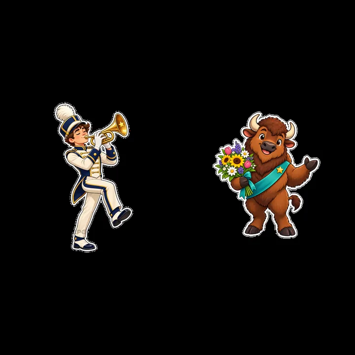 Musician plays trumpet beside bison with flowers in a festive theme - AI-generated stock image