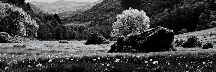 Climate-resilient meadow with rocks and trees in black and white - AI-generated stock image