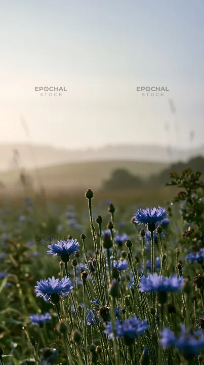 Cornflower meadow at dawn with distant hills and soft light - AI-generated stock image