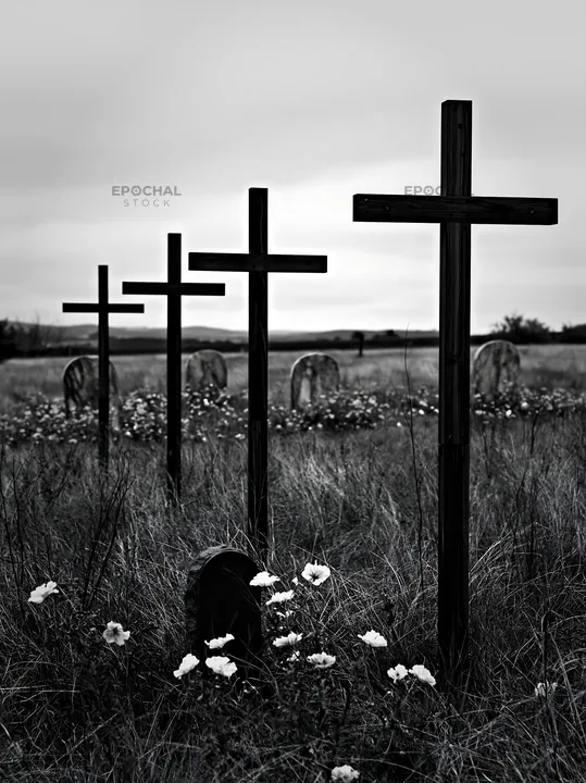 Wooden crosses in Christmas meadow with flowers in foreground - AI-generated stock image