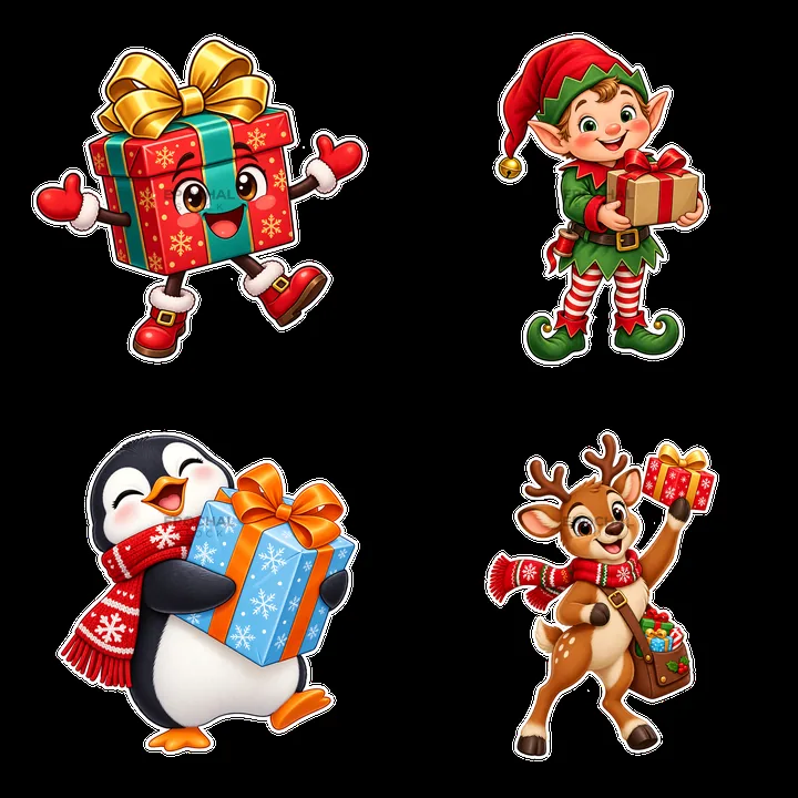 Colorful cartoon stickers of Christmas characters with gifts - AI-generated stock image