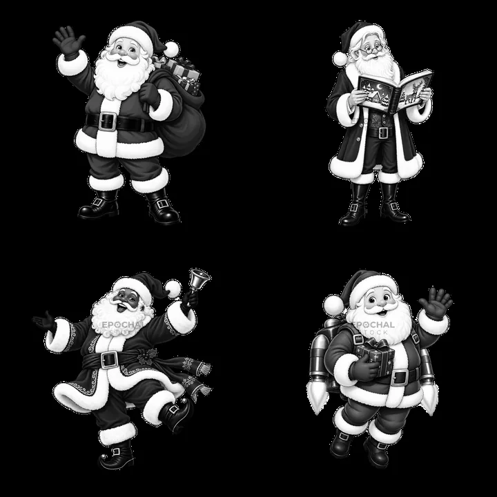 Santa Claus in four different poses with festive accessories - AI-generated stock image