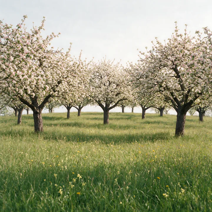 Apple blossom meadow in full bloom with lush green grass - AI-generated stock image