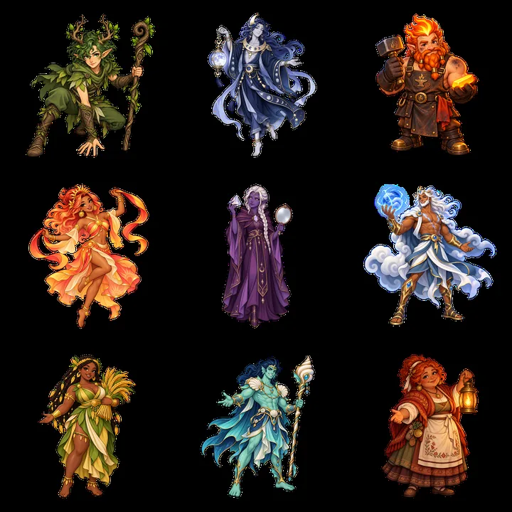 Pagan gods in a colorful cartoon sticker grid layout - AI-generated stock image
