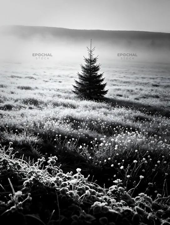 Vibrant Christmas tree in winter meadow with frost - AI-generated stock image