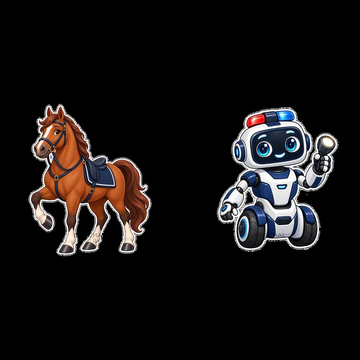 Police horse and robot with flashlight cartoon sticker illustration - AI-generated stock image