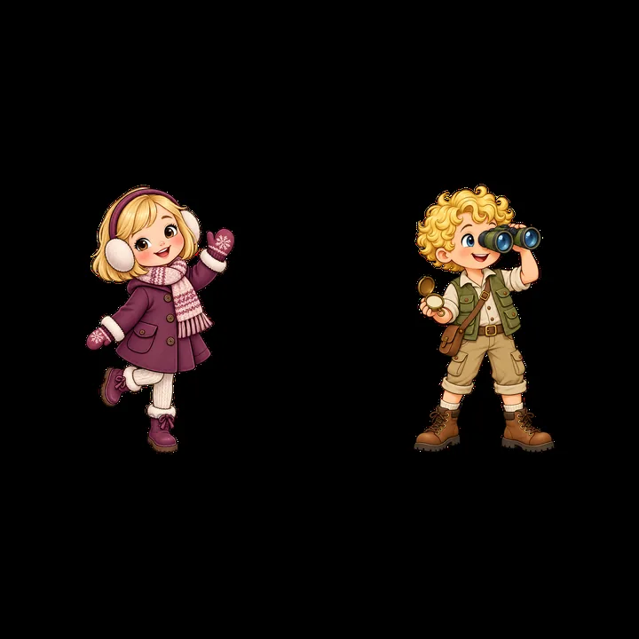 Blond child explorers in winter clothes with binocular and telescope - AI-generated stock image