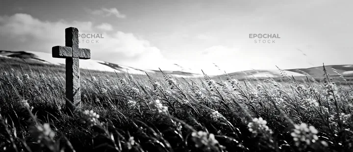 Christian cross in winter mountain meadow landscape - AI-generated stock image