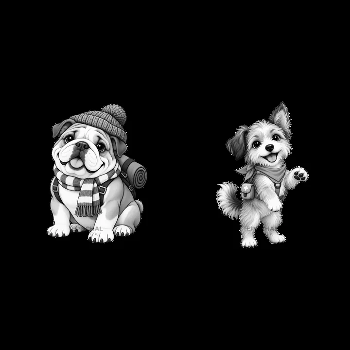 Cute K-9 dogs in winter gear with backpack and playful expression - AI-generated stock image
