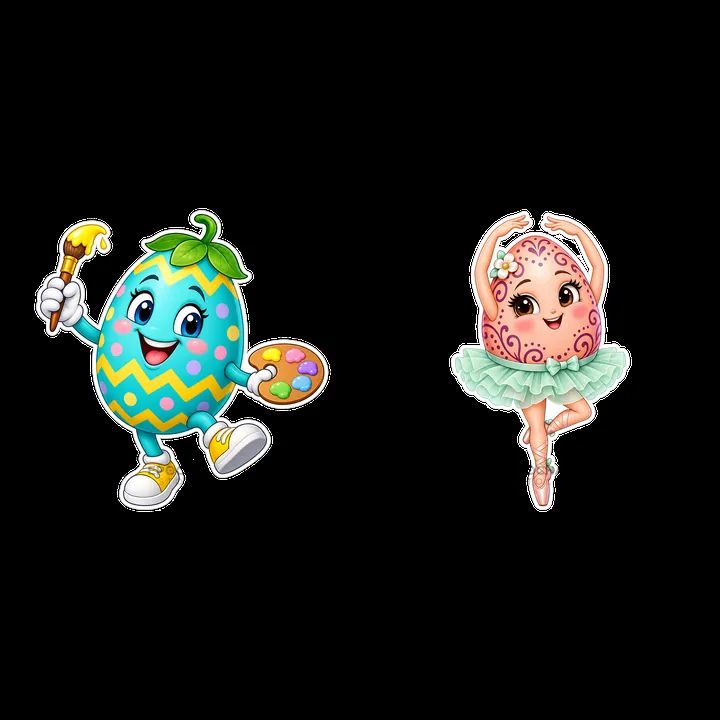 Colorful cartoon Easter eggs with artistic and dancing themes - AI-generated stock image