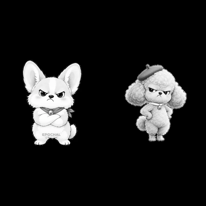 Kawaii grumpy dog cartoon sticker collection with distinct poses - AI-generated stock image