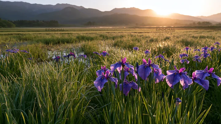 Dew-covered meadow flowers in Niigata floodplain at sunrise - AI-generated stock image