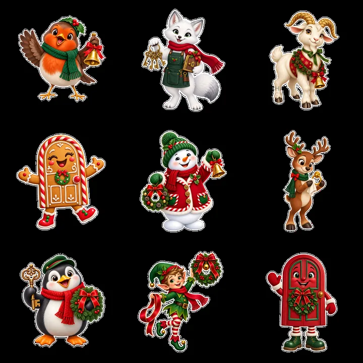 Christmas characters with gifts and decorations in a 3x3 layout - AI-generated stock image
