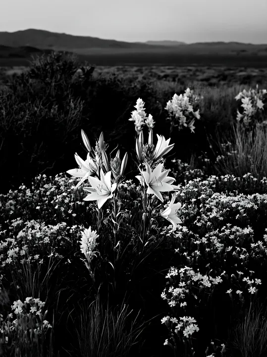 Sagebrush meadow with flowers at dusk in black and white - AI-generated stock image