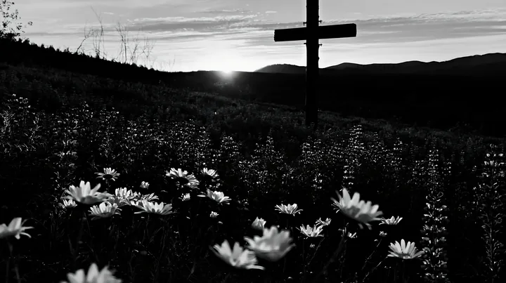 Christian cross in blue hour meadow with flowers - AI-generated stock image