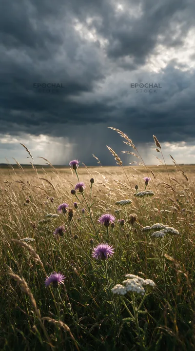 Rewilded meadow with flowers and cloudy sky - AI-generated stock image