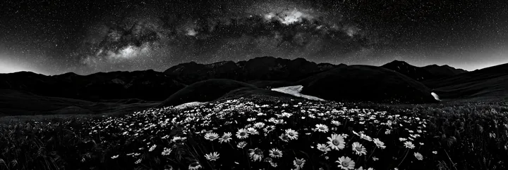 Black and white starlit meadow with flowers under a clear night sky - AI-generated stock image
