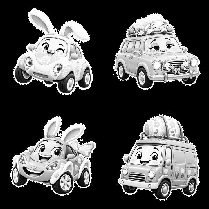 Easter-themed cartoon cars with bunny and egg designs - AI-generated stock image