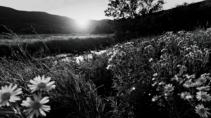 High contrast flower meadow beside brook at sunset - AI-generated stock image