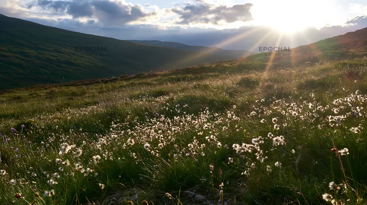 Crepuscular rays shine over a meadow of flowering plants - AI-generated stock image