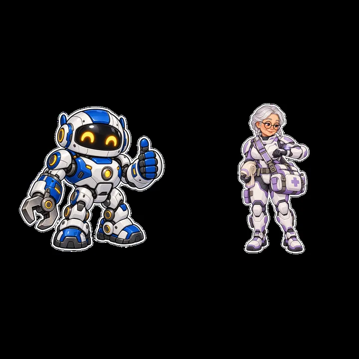 Kawaii futuristic super-soldier robot and medic sticker design - AI-generated stock image