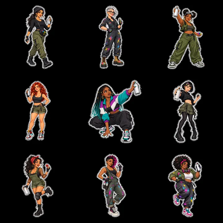 Group of graffiti sprayers showcasing diverse styles and poses - AI-generated stock image