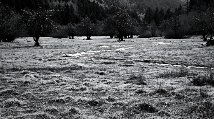 Valley apple meadow with trees and grass in monochrome setting - AI-generated stock image