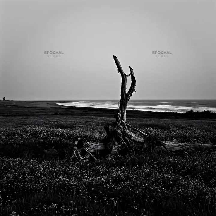 Black and white ishikawa coastal meadow storm washed driftwood in purple flowers - AI-generated stock image