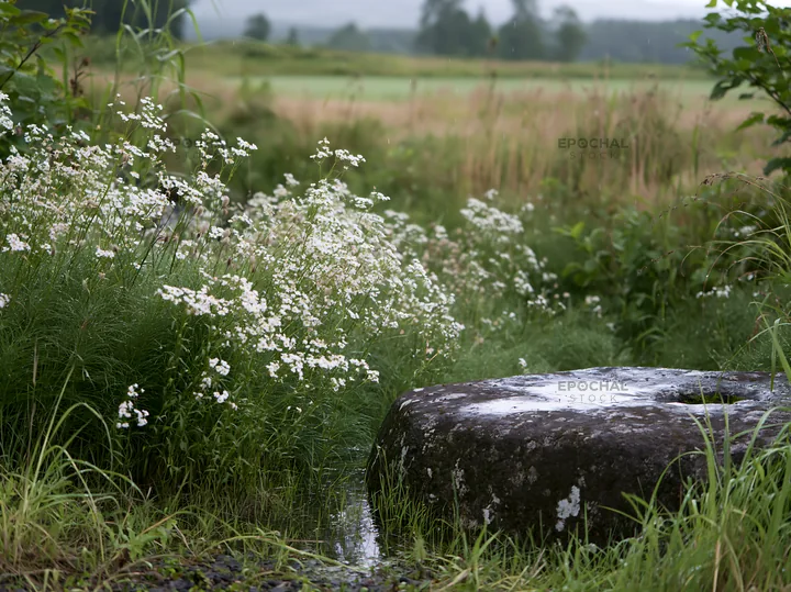 Aomori climate resilient meadow with boulder - AI-generated stock image